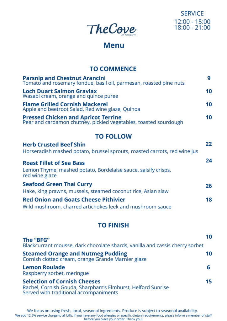 The Cove Menu January 2026