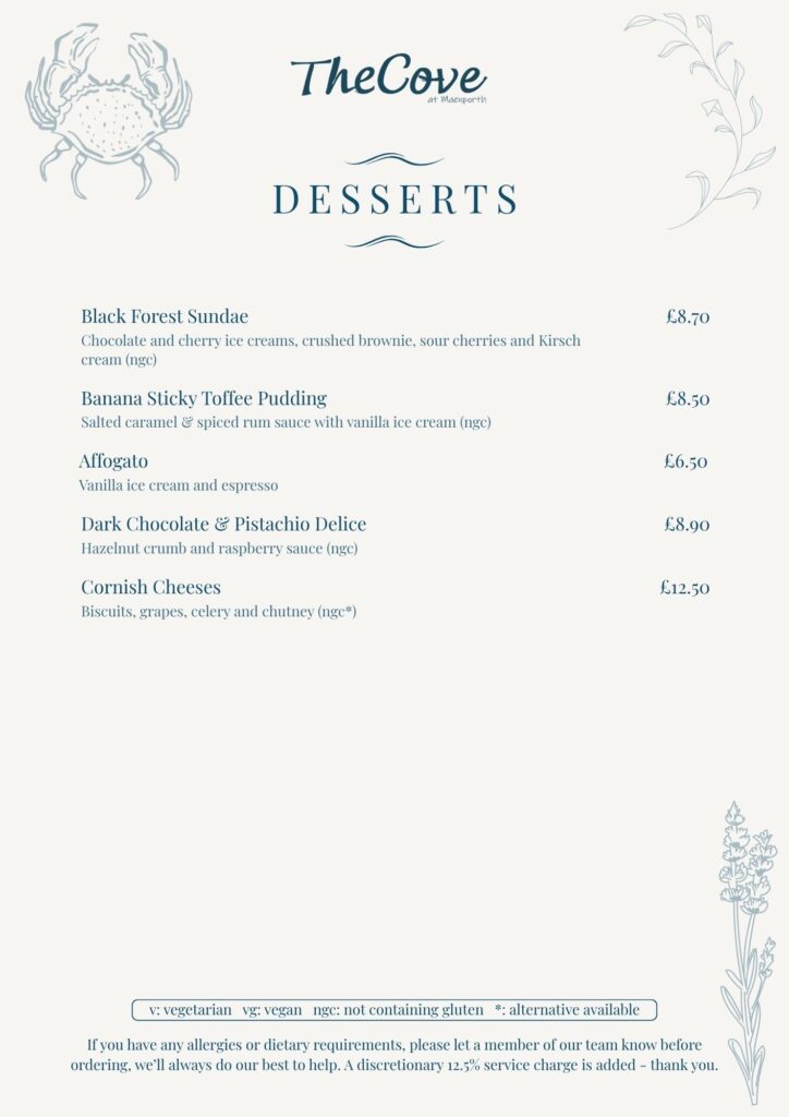 The Cove Dessert Menu Spring 2026
