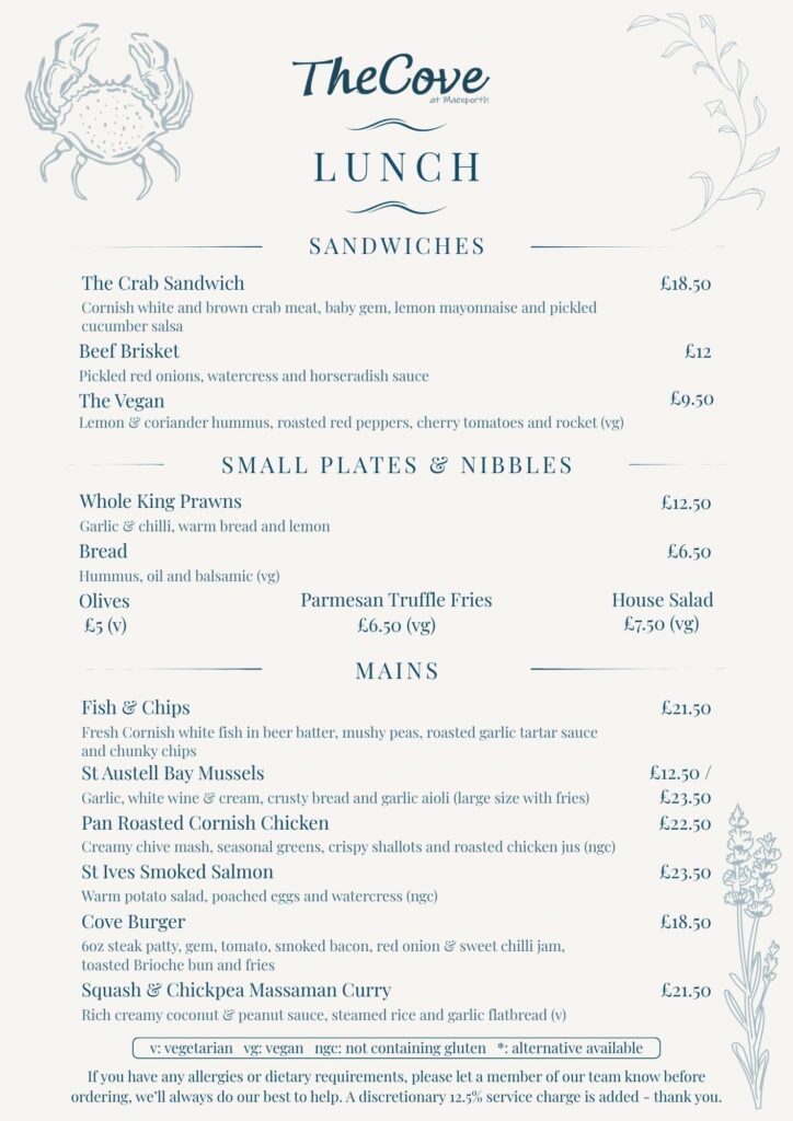 The Cove Lunch Menu Spring 2026