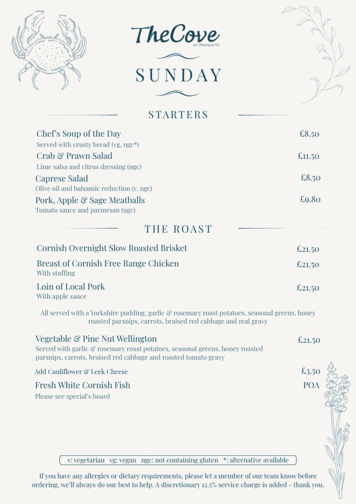 The Cove Sunday Menu Spring 2026