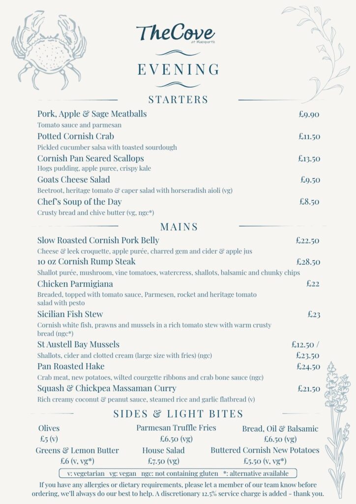 The Cove Evening Menu Spring 2026